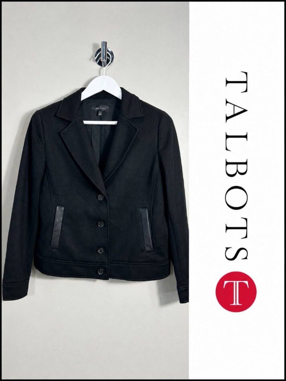 Talbots Women’s Size 8 Black Blazer Jacket Faux Leather Trim Wool Blend Career